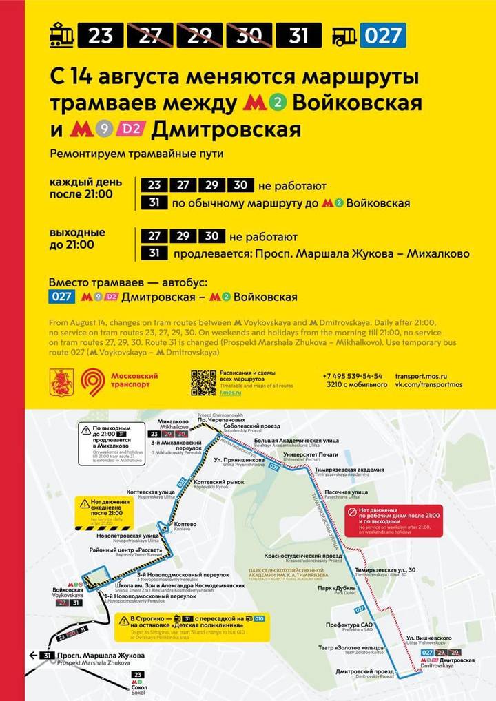 Маршруты трамваев изменятся между станциями метро «Войковская» и «Дмитровская»