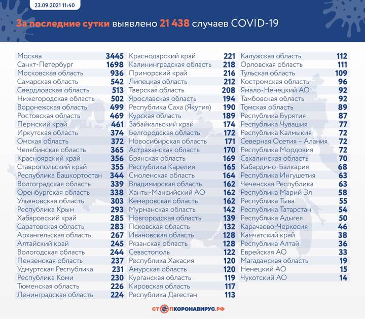 Еще 21 438 новых случаев COVID-19 выявили в России за сутки