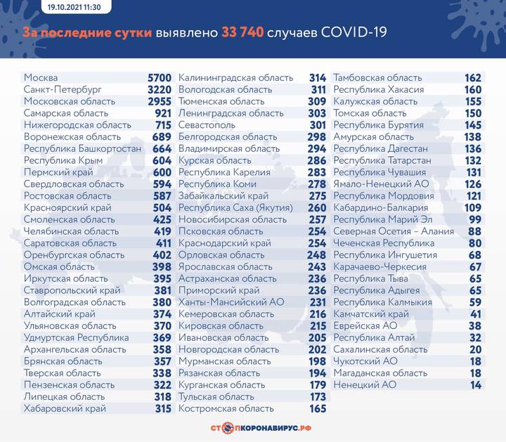 В России выявили 33 740 случаев коронавируса за сутки